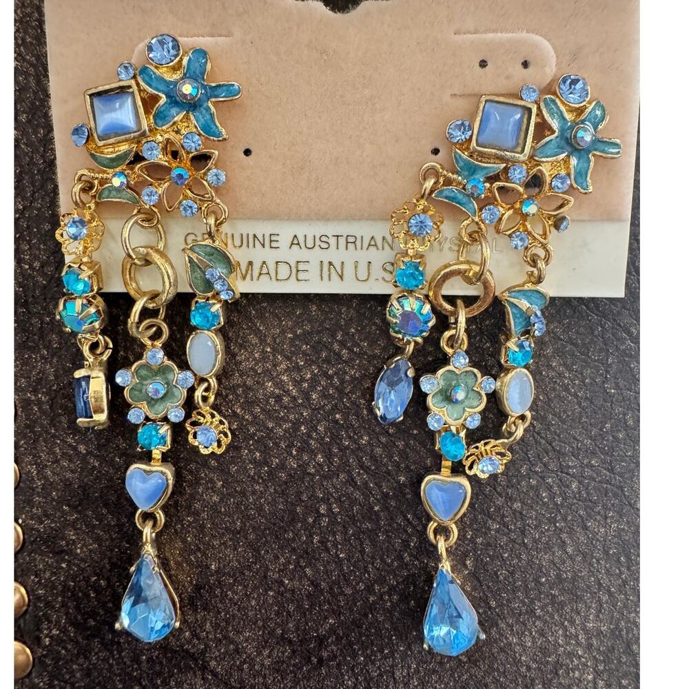 Austrian Crystal Blue Floral Dangle Earrings Gold Tone NWT Nordstrom